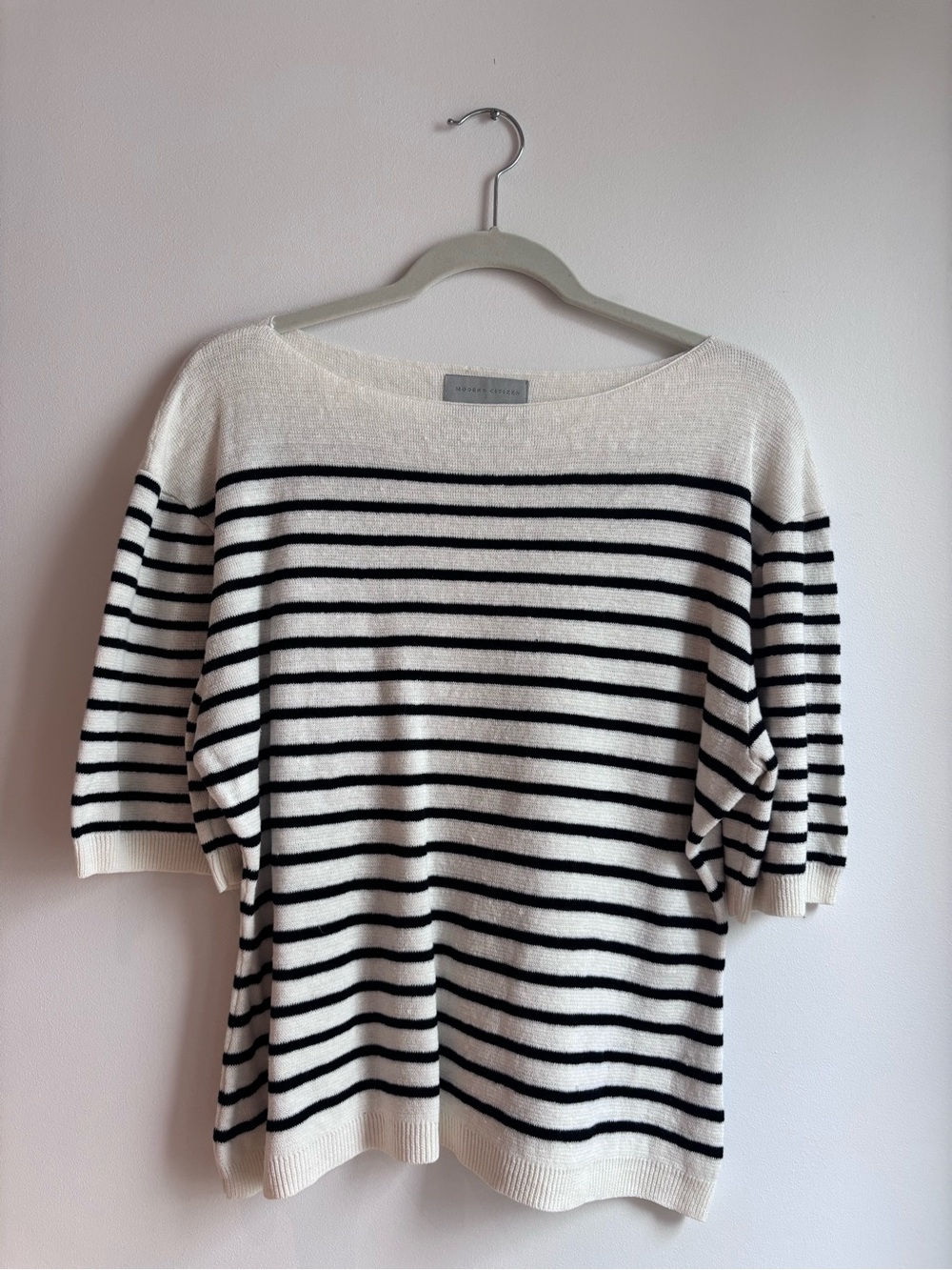 Modern Citizen Striped Boatneck Short-Sleeve Knit Top - White/Black